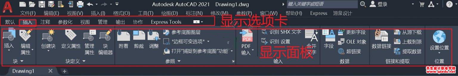 CAD功能区中，显示选项卡和显示面板怎么开与关?