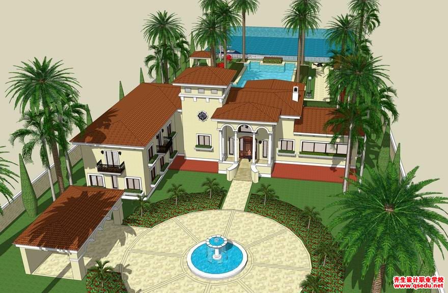 草图大师（SU）西班牙风格独栋别墅带泳池庭院模型下载