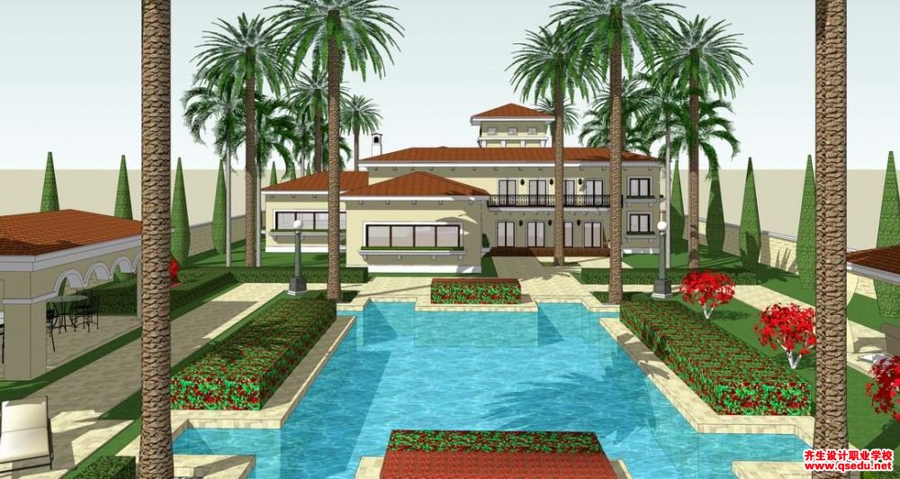 草图大师（SU）西班牙风格独栋别墅带泳池庭院模型下载