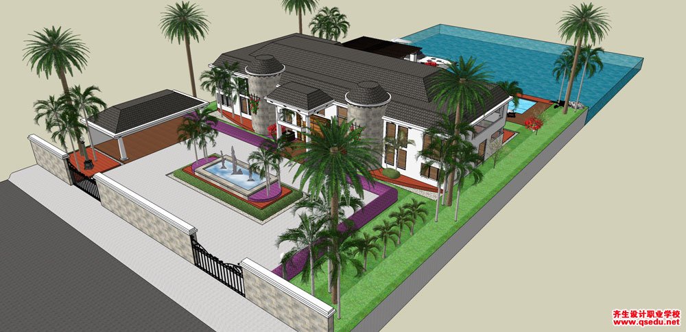 草图大师（SU）法式风格独栋别墅庭院模型下载