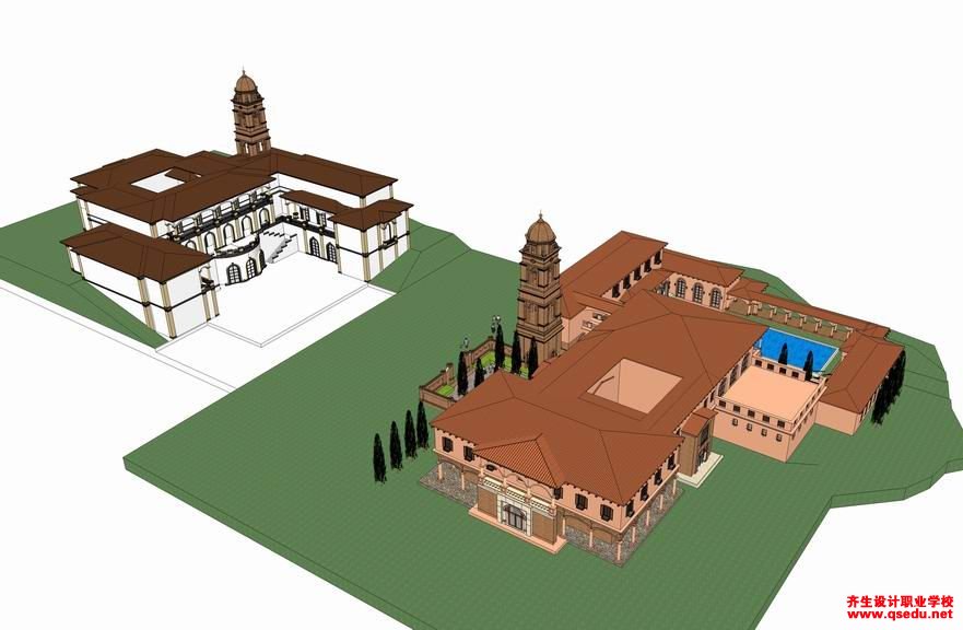 草图大师（SU）西班牙古典风格别墅建筑模型下载