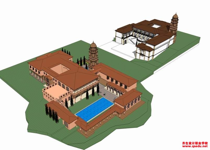 草图大师（SU）西班牙古典风格别墅建筑模型下载