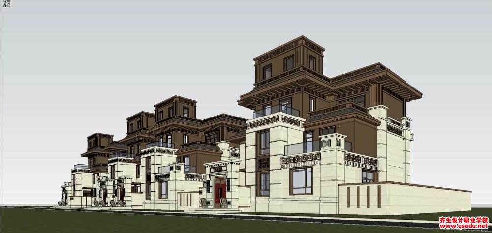 草图大师（SU）中式风格联排别墅建筑模型下载