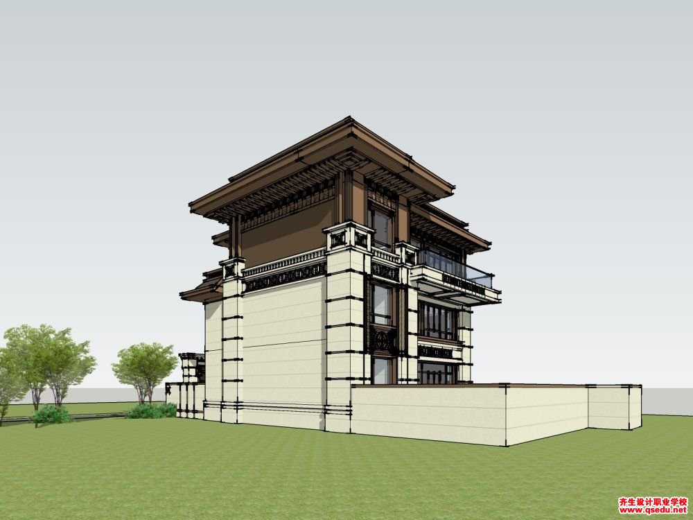 草图大师（SU）中式风格联排别墅建筑模型下载