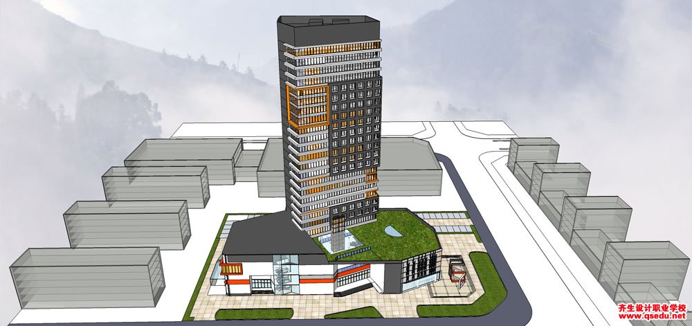 草图大师办公类模型28：现代风格高层办公楼、底层商业建筑模型