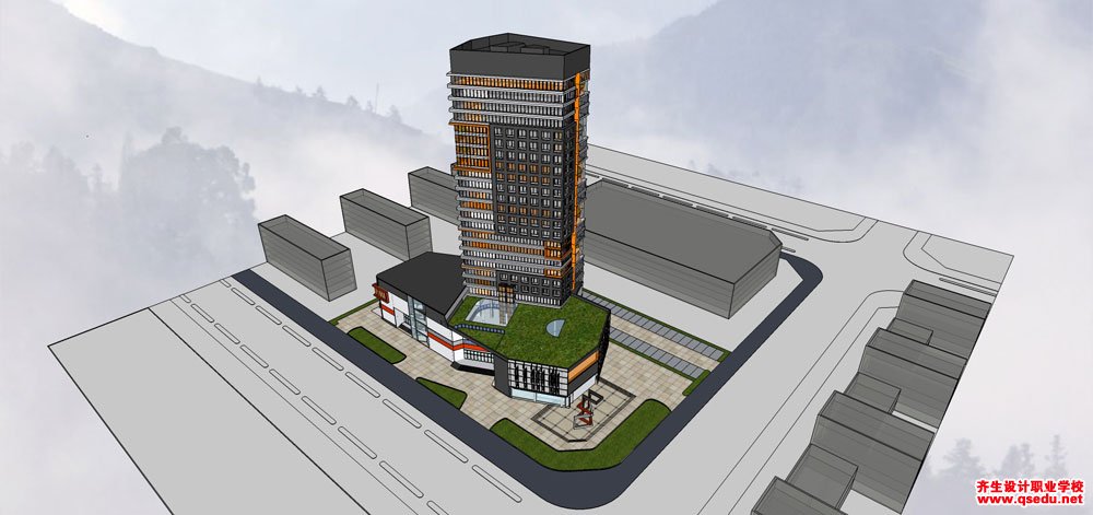 草图大师办公类模型28：现代风格高层办公楼、底层商业建筑模型