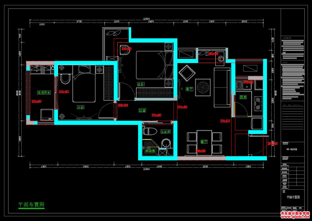 家装CAD图纸[47],现代风格2房CAD施工图全套附效果图